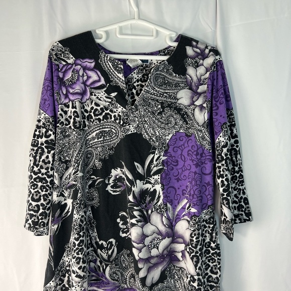 Karen Scott Purple and Black Floral Animal Print Blouse with 3/4 sleeve - Picture 1 of 9